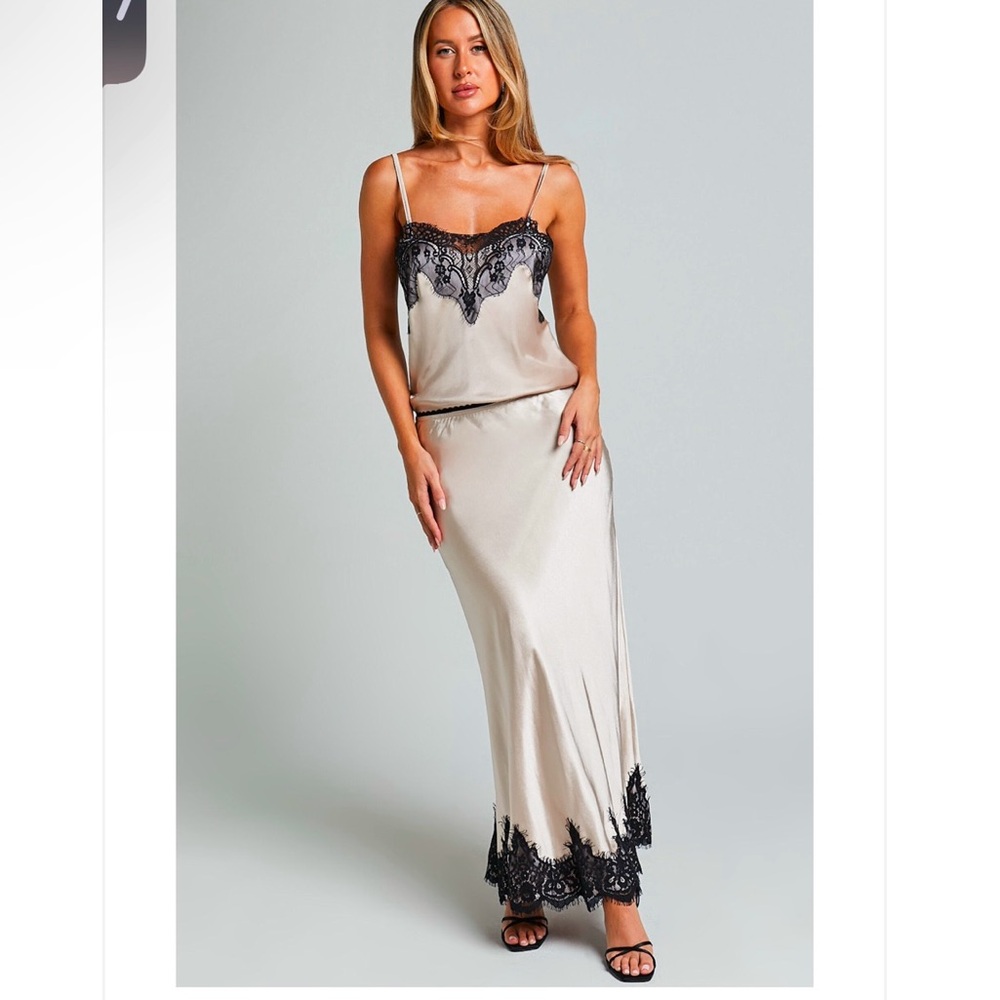 Showpo Beige Slip Skirt with Black Lace Trim